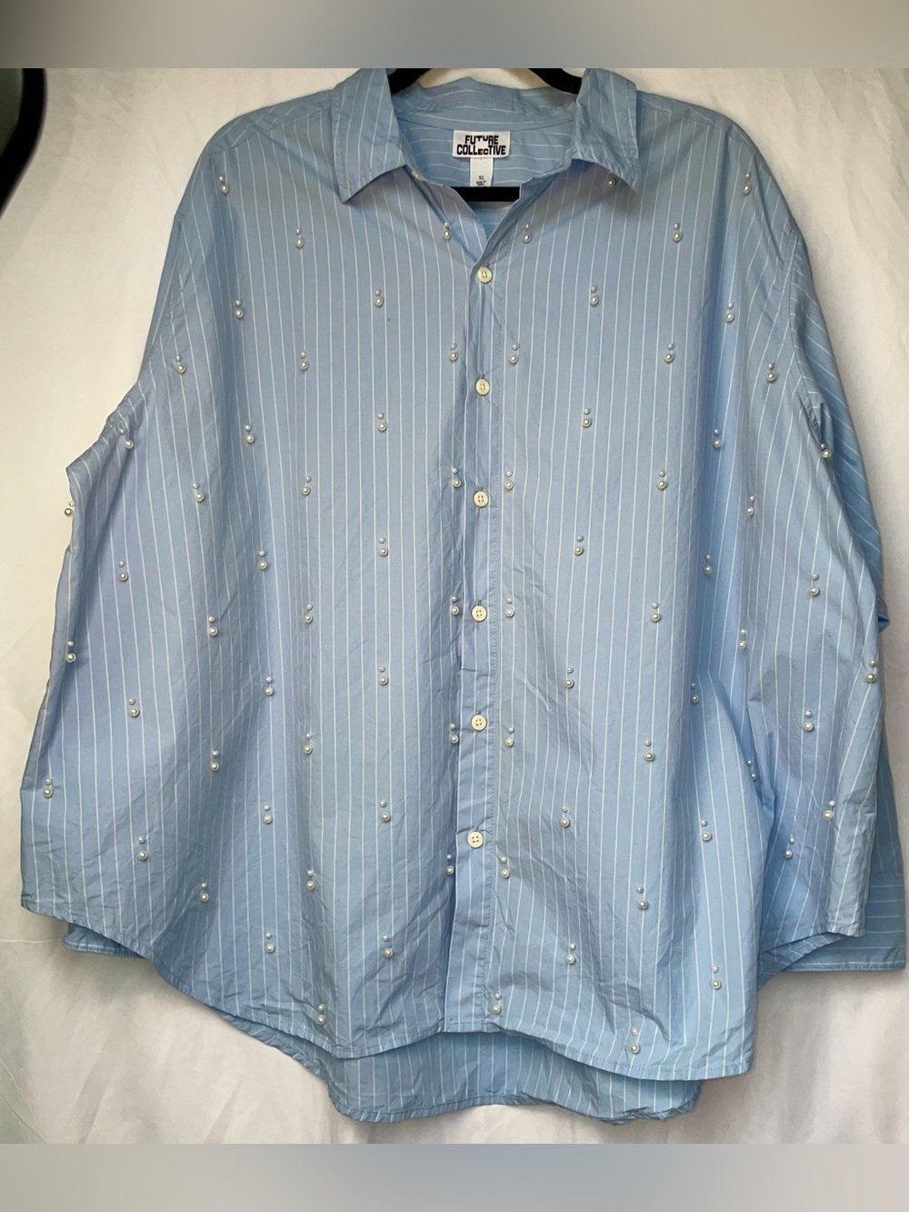 Future Collective Women's Pearl Embellished Long Sleeve Oversized Button Down XL
